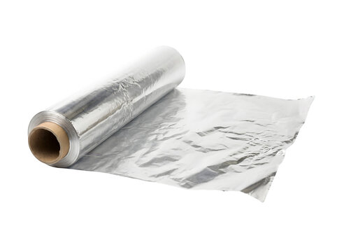 A roll of shiny metallic kitchen aluminum foil sheet isolated on transparent background
