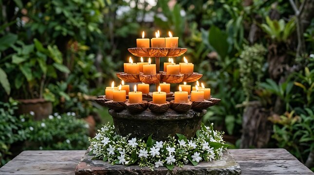 A radiant display of diwali candles illuminates a lush garden symbolizing light overcoming darkness and prosperity