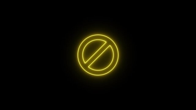 Glowing neon yellow color warning line ban icon animation. Wrong sign symbol on black background.
