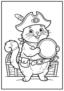 A happy pirate cat discovers an enormous treasure coin.