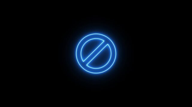 Glowing neon blue color warning line ban icon animation. Wrong sign symbol on black background.