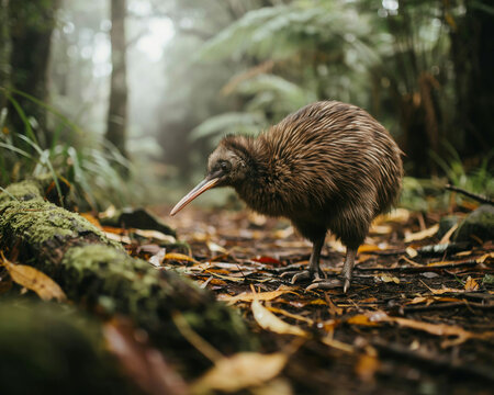 Kiwi Bird Foraging in a Misty Forest Floor flightless bird