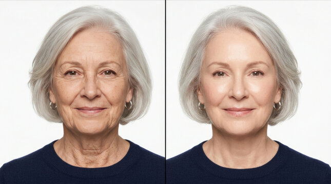 Before and after anti-aging face treatment split screen comparison of elderly woman smooth rejuvenated skin result