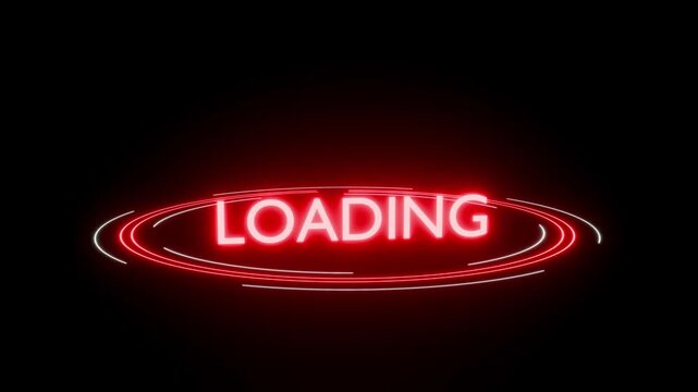 Loading screen animation with red neon text and glowing circles on a black background, seamless loop 4K, Loading screen animation bright red neon text and glowing circular lines