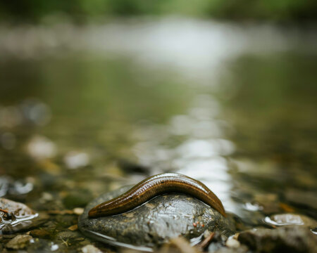 Leech on a rock in shallow water hirudinea parasite