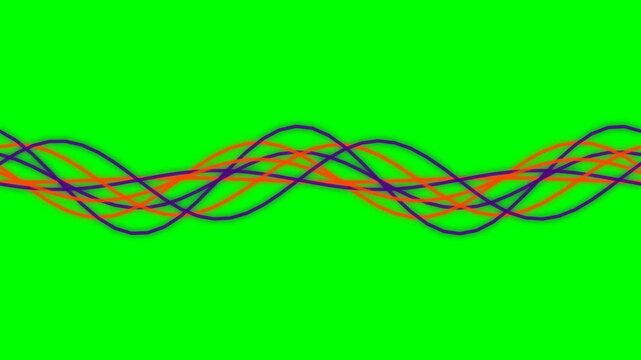 Intersecting purple and orange sine waves against a solid green background