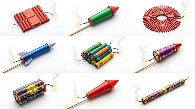 A vibrant collection of colorful diwali fireworks including rockets and sparklers symbolizing the festival of lights