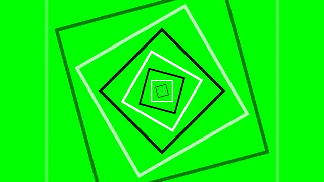 Abstract infinite tunnel of rotating square frames on a bright green background