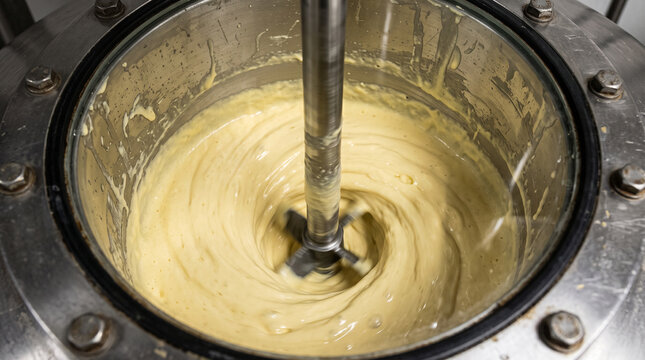 High-angle view of a large, industrial stainless steel mixing tank in a food processing plant, where a multi-arm agitator blends a thick, creamy pale-yellow batter while a pipe pours liquid mix.