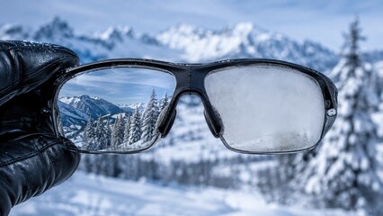 Obraz premium Anti-fog sports glasses demonstration in snowy mountains
