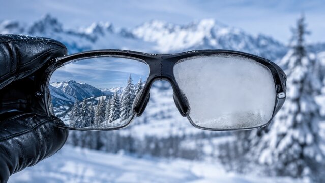 Anti-fog sports glasses demonstration in snowy mountains