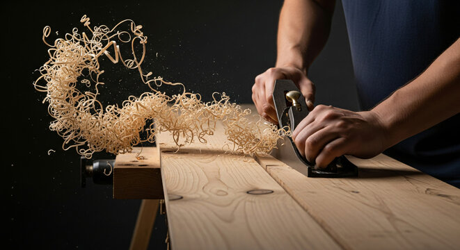 Carpenter using a hand plane to smooth a wooden plank in a workshop.