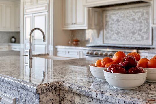 Closeup of a kitchen island with white granite countertops and a bowl of fresh fruit in a luxury home