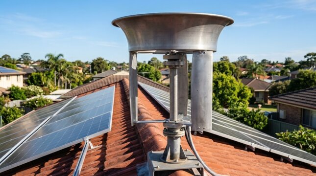 Vertical axis wind turbine and solar panels installed on a residential rooftop