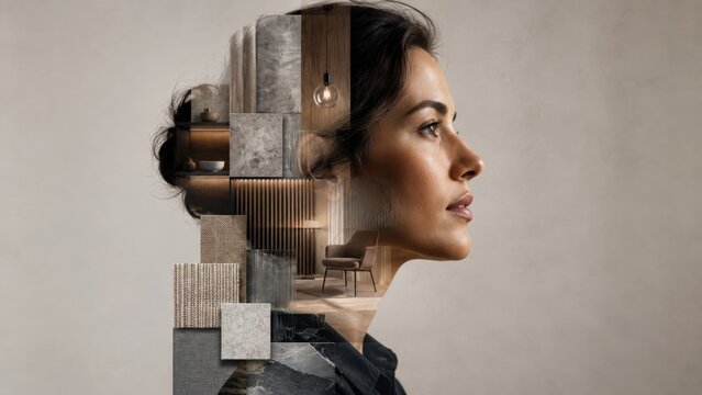 Woman profile interior designer concept showing modern architecture and material textures in double exposure. Modern architecture and interior design