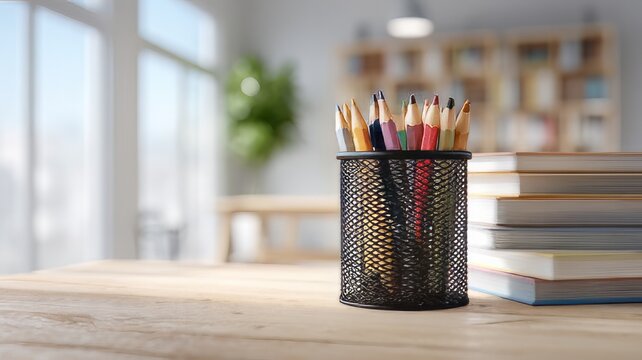 Colorful wooden pencils in black mesh holder, stack of books on wooden desk, bright classroom background with soft bokeh