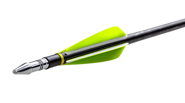 Close up of a flying archery arrow with green fletching with against white background fletching metal tip recreation equipment velocity hunting