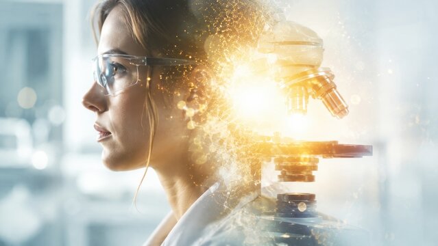 A young woman scientist looks closely at a microscope in a laboratory during advanced research.