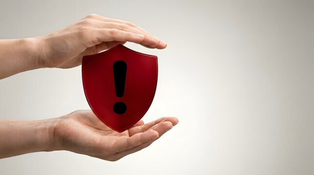 Hands protecting red shield with exclamation mark