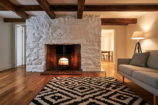 Cozy living room interior with a rustic white stone fireplace, wood ceiling beams, hardwood floors, and a modern patterned area rug