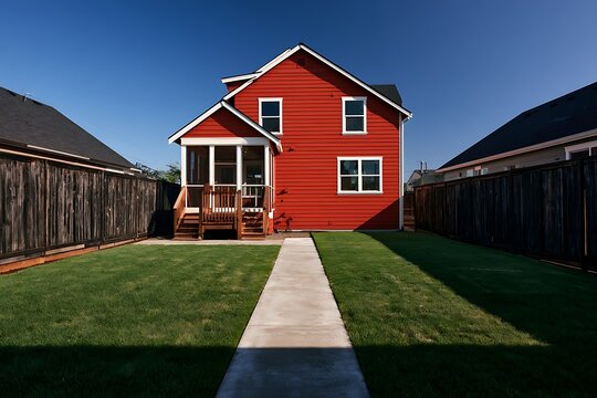 Exterior view of a bright red twostory house with a screened porch, green lawn, and concrete walkway in a suburban neighborhood