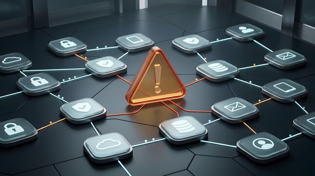 Digital network with warning symbol and security icons
