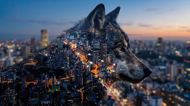 A wolf and a city skyline shine at night creating a surreal double exposure artwork.