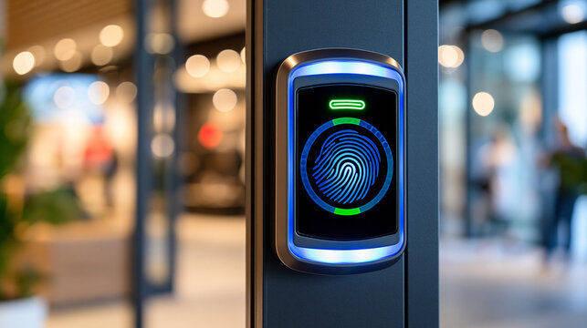 Illuminated security badge scanner device mounted near a retail fashion boutique entrance in a crowded shopping district, close up detail of the access panel showing encrypted biometric reader techn