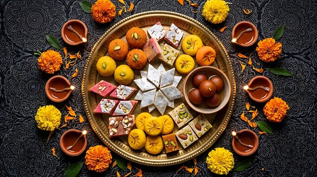 A vibrant and colorful diwali thali filled with sweets flowers and traditional oil lamps celebrating the festival of lights