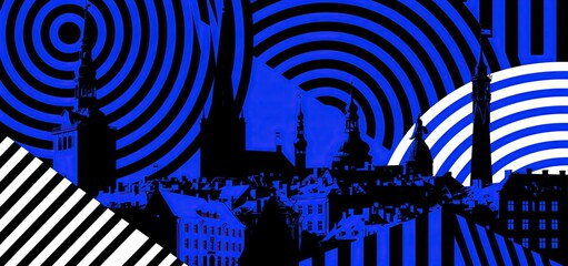 Obraz premium A modern minimalist poster with bold blue and black geometric shapes highlighting Tallinn skyline silhouettes for Estonian Independence Day.