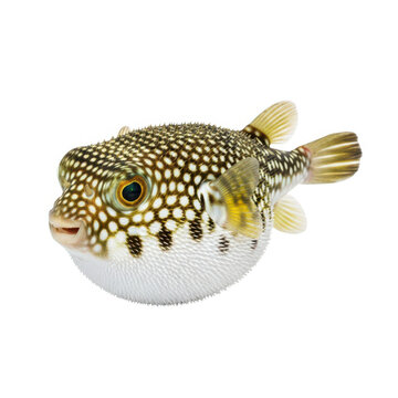 Green puffer fish with metal details isolated on white background