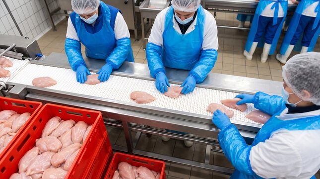 Workers in sterile protective gear packing fresh raw chicken breast fillets into red crates on conveyor belt in industrial food processing plant for mass production and distribution