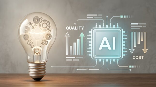 Lightbulb with gears and AI chip graphic showing quality increase and cost decrease