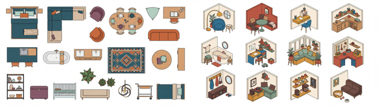 Isometric Home Interior Rooms and Furniture Layout Illustration Set