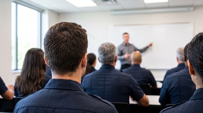 Group of police officers in navy blue uniforms sitting in classroom listening to male instructor pointing at whiteboard during professional training seminar and education session.