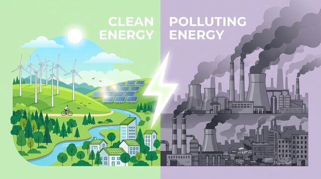 A comparative illustration showing the contrast between sustainable clean energy sources and harmful polluting industrial energy production for environmental awareness