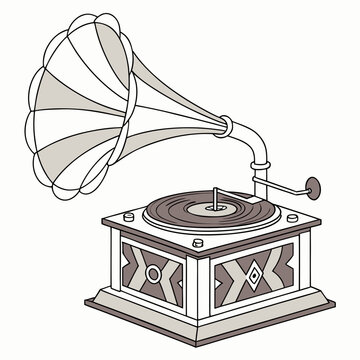 Vintage hand-cranked gramophone record player illustration with gramophone nostalgia turntable