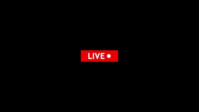 Red live streaming button icon with a white text label and a circular dot isolated on a solid black background for digital video broadcasting and social media content creation