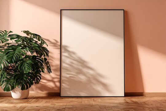 Minimalist interior with a large empty picture frame on a soft peach wall next to a lush monstera plant