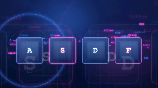 Futuristic Digital Keyboard Interface with Glowing Neon Blue and Purple HUD Elements on Dark Background
