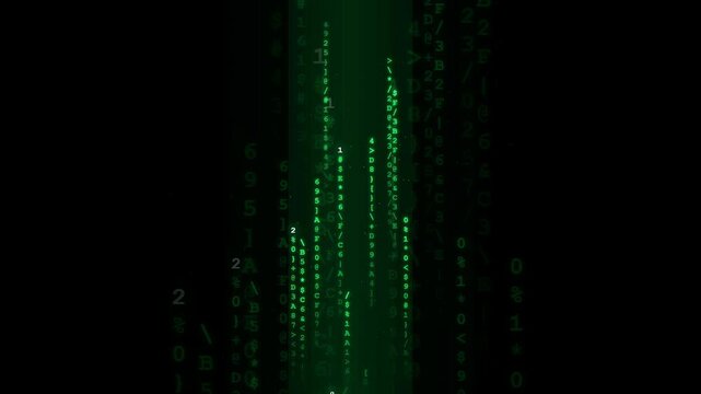 Digital rain of green binary code and symbols falling on a black background