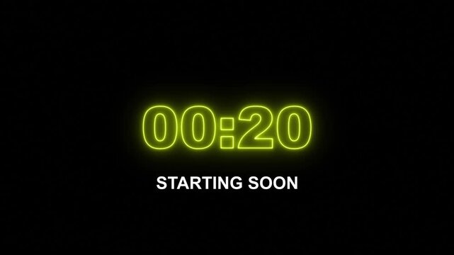 25 seconds countdown timer glowing neon 4k animation, 25-0 counting down seconds neon number.