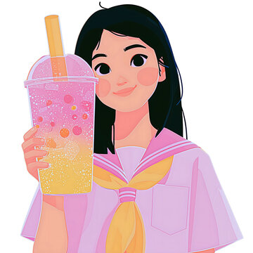 大きなメガサイズのデカドリンクを持つ女子高生のイラスト ピンクのグラデーションソーダとセーラー服