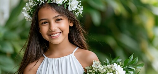 Obraz premium Indian girl wearing white dress and floral crown holding bouquet, enjoying a bright garden during springtime celebration.