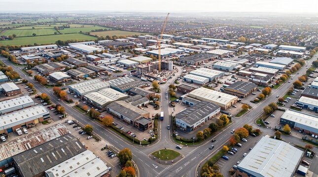 Industrial estate aerial view showing warehouse buildings distribution centers office blocks construction crane suburban landscape planning development zone commercial district.