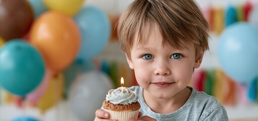 Obraz premium Toddler enjoying a birthday cupcake with lit candle surrounded by colorful balloons and festive decorations.