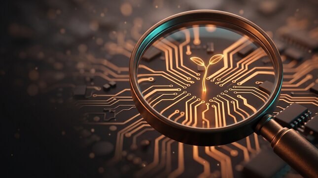 Magnifying glass over a glowing circuit board with a sprout growing from it, symbolizing sustainable technology and innovation.