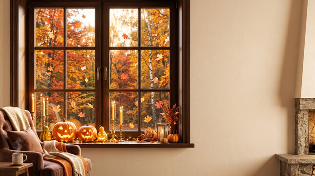 Cozy autumn scene with carved pumpkins on a windowsill overlooking a colorful fall forest during daylight