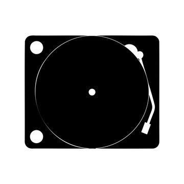 Minimalist black vinyl record turntable top view - Clean and modern top-down view of a black vinyl record player platter with center hole and tonearm mount.