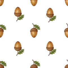 Cute watercolor acorn and oak leaf seamless pattern. Vintage hand painted woodland autumn background for nursery decor, children storybook endpaper and textile projects. © Marina Morenova